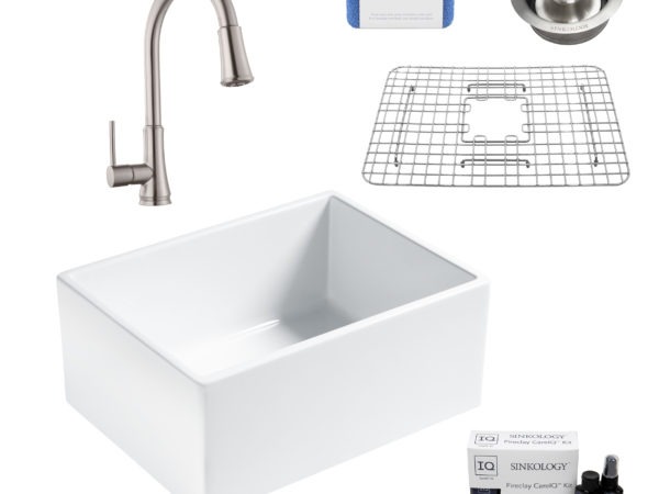wilcox II fireclay double bowl sink, pfirst faucet, stainless steel bottom grid, disposal drain, careIQ kit, scrubber