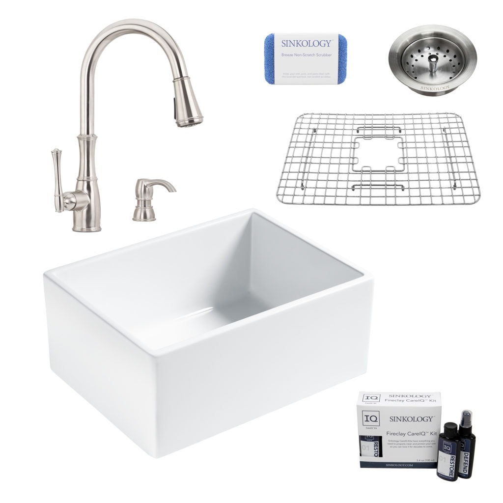 wilcox II fireclay double bowl sink, wheaton faucet, stainless steel bottom grid, strainer drain, careIQ kit, scrubber