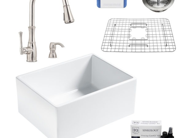wilcox II fireclay double bowl sink, wheaton faucet, stainless steel bottom grid, strainer drain, careIQ kit, scrubber