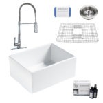 wilcox II fireclay double bowl sink, zuri faucet, stainless steel bottom grid, strainer drain, careIQ kit, scrubber