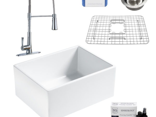 wilcox II fireclay double bowl sink, zuri faucet, stainless steel bottom grid, disposal drain, careIQ kit, scrubber