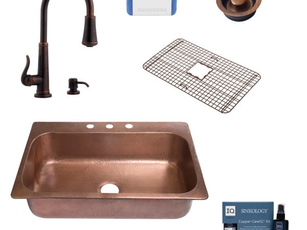 angelico copper kitchen sink, ashfield faucet, disposal drain, copper care IQ kit, scrubber