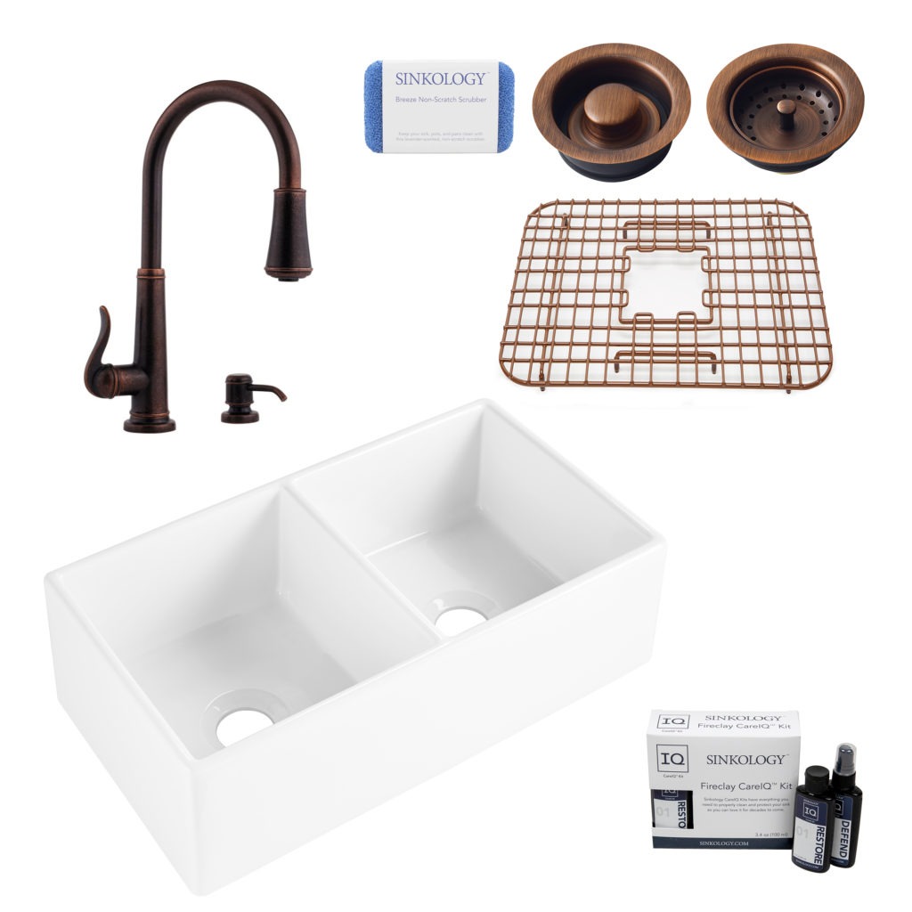 brooks ii fireclay kitchen sink, ashfield faucet, basket strainer and disposal drain, fireclay care IQ kit, scrubber