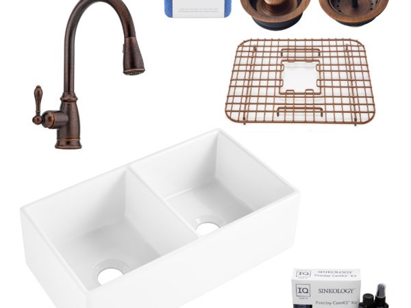 brooks ii fireclay kitchen sink, canton faucet, basket strainer and disposal drain, fireclay care IQ kit, scrubber