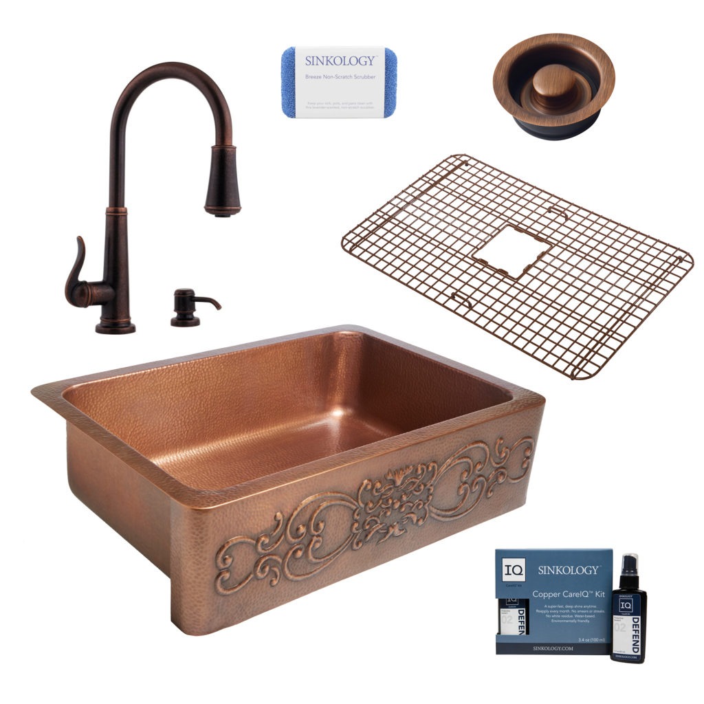 ganku copper kitchen sink, ashfield faucet, disposal drain, copper care IQ kit, scrubber