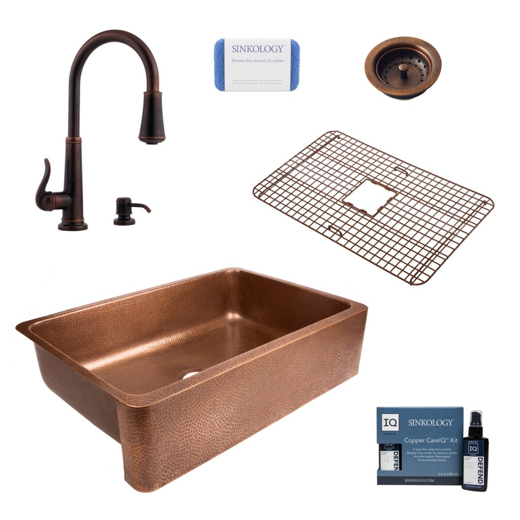 lange copper kitchen sink, ashfield faucet, bottom grid, basket strainer drain, copper care IQ kit, scrubber