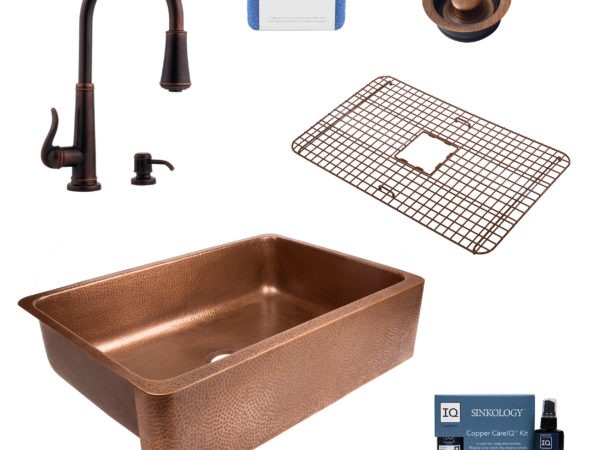 lange copper kitchen sink, ashfield faucet, bottom grid, disposal drain, copper care IQ kit, scrubber