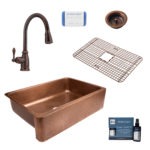 lange copper kitchen sink, canton faucet, bottom grid, basket strainer drain, copper care IQ kit, scrubber