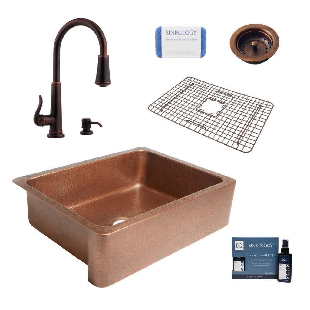 courbet copper kitchen sink, ashfield faucet, bottom grid, basket strainer drain, copper care IQ kit, scrubber