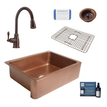 courbet copper kitchen sink, canton faucet, bottom grid, basket strainer drain, copper care IQ kit, scrubber
