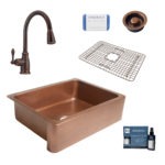 courbet copper kitchen sink, canton faucet, disposal drain, bottom grid, copper care IQ kit, scrubber