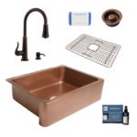 courbet copper kitchen sink, ashfield faucet, disposal drain, bottom grid, copper care IQ kit, scrubber