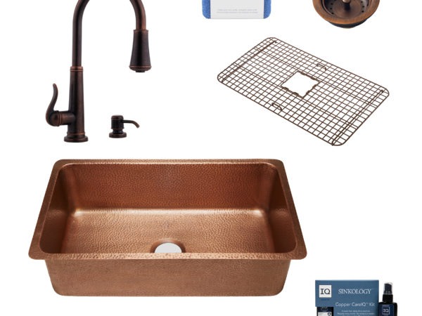 david copper kitchen sink, ashfield faucet, basket strainer drain, bottom grid, copper care IQ kit, scrubber