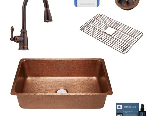 david copper kitchen sink, canton faucet, bottom grid, basket strainer drain, copper care IQ kit, scrubber