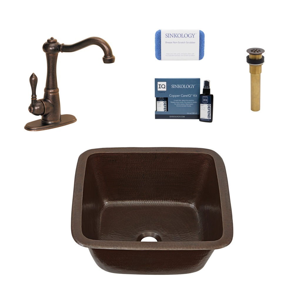 greco copper bar prep sink, marielle faucet, grid drain, copper care IQ kit, scrubber
