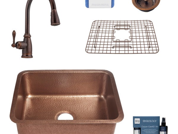 renoir copper kitchen sink, canton faucet, basket strainer drain, bottom grid, copper care IQ kit, scrubber