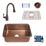 renoir copper kitchen sink, canton faucet, bottom grid, disposal drain, copper care IQ kit, scrubber