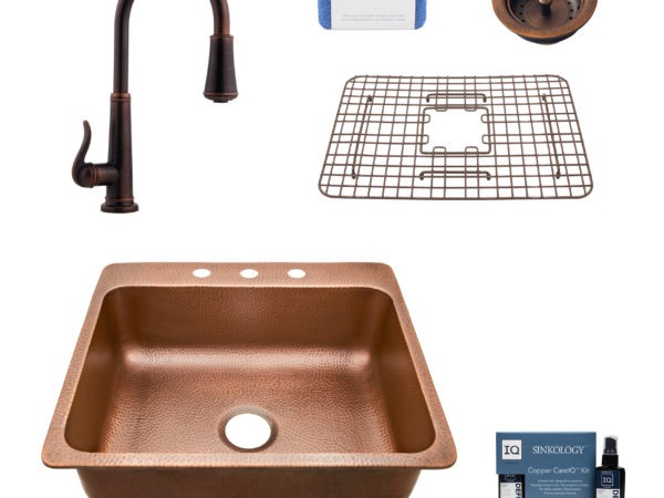 rosa 3 hole copper kitchen sink, ashfield faucet, basket strainer drain, bottom grid, copper care IQ kit, scrubber