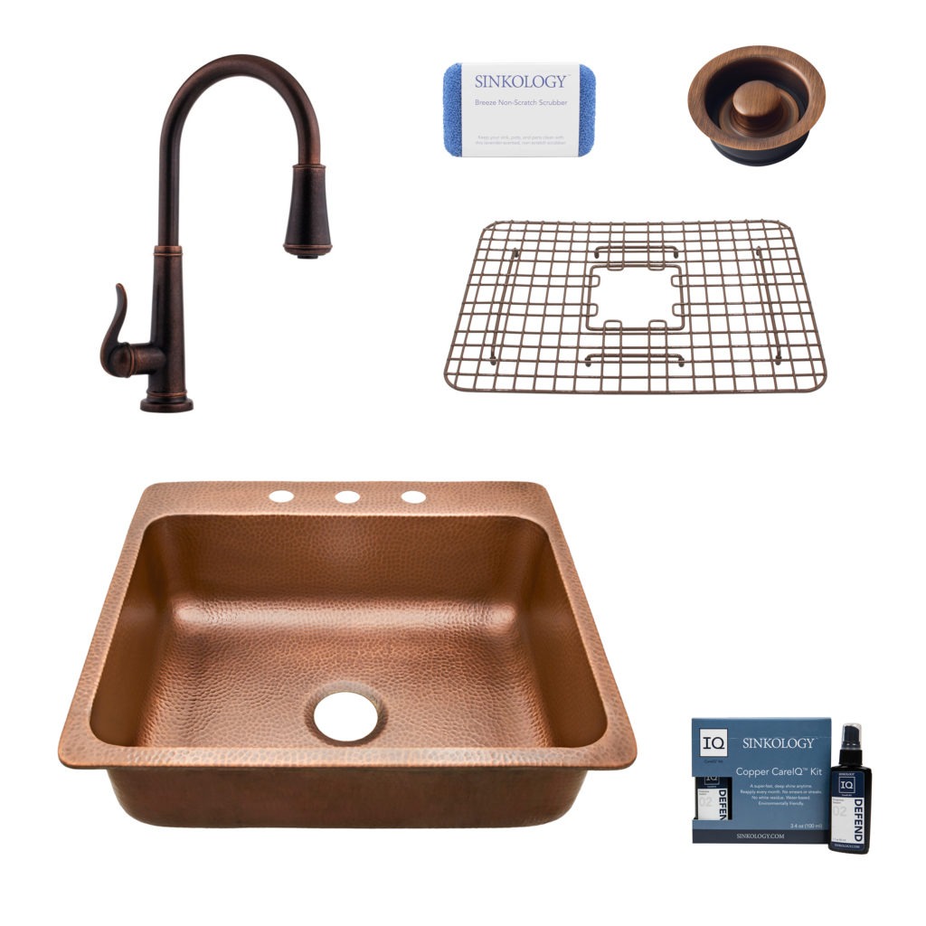 rosa 3 hole copper kitchen sink, ashfield faucet, disposal drain, bottom grid, copper care IQ kit, scrubber
