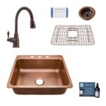 rosa 3 hole copper kitchen sink, canton faucet, basket strainer drain, bottom grid, copper care IQ kit, scrubber