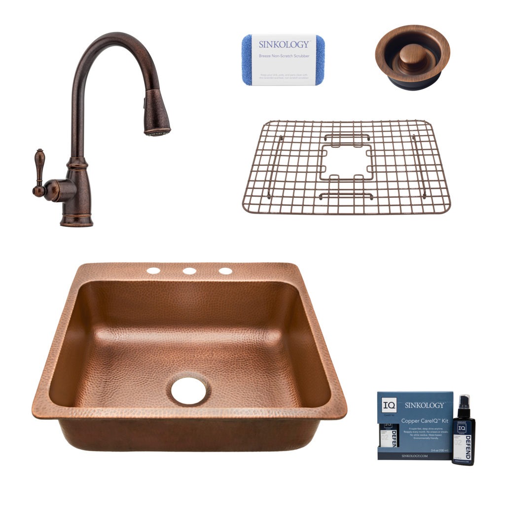 rosa 3 hole copper kitchen sink, canton faucet, bottom grid, disposal drain, copper care IQ kit, scrubber