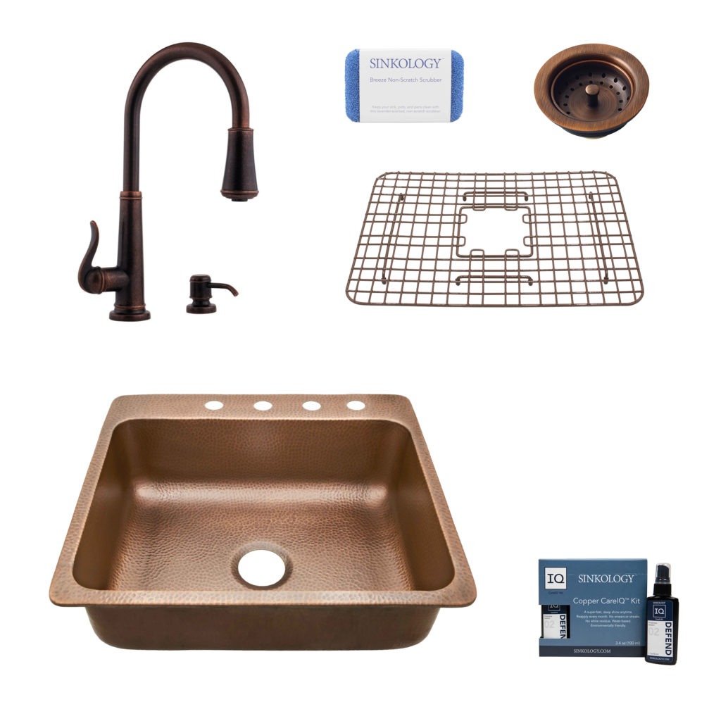 rosa 4 hole copper kitchen sink, ashfield faucet, basket strainer drain, bottom grid, copper care IQ kit, scrubber