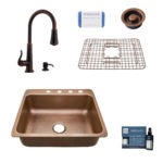 rosa 4 hole copper kitchen sink, ashfield faucet, disposal drain, bottom grid, copper care IQ kit, scrubber