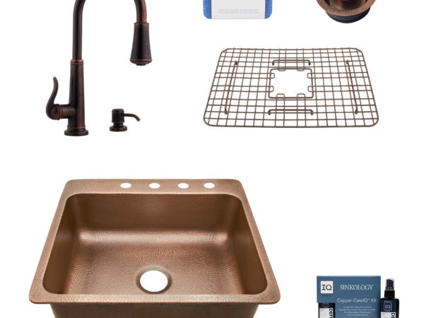 rosa 4 hole copper kitchen sink, ashfield faucet, disposal drain, bottom grid, copper care IQ kit, scrubber