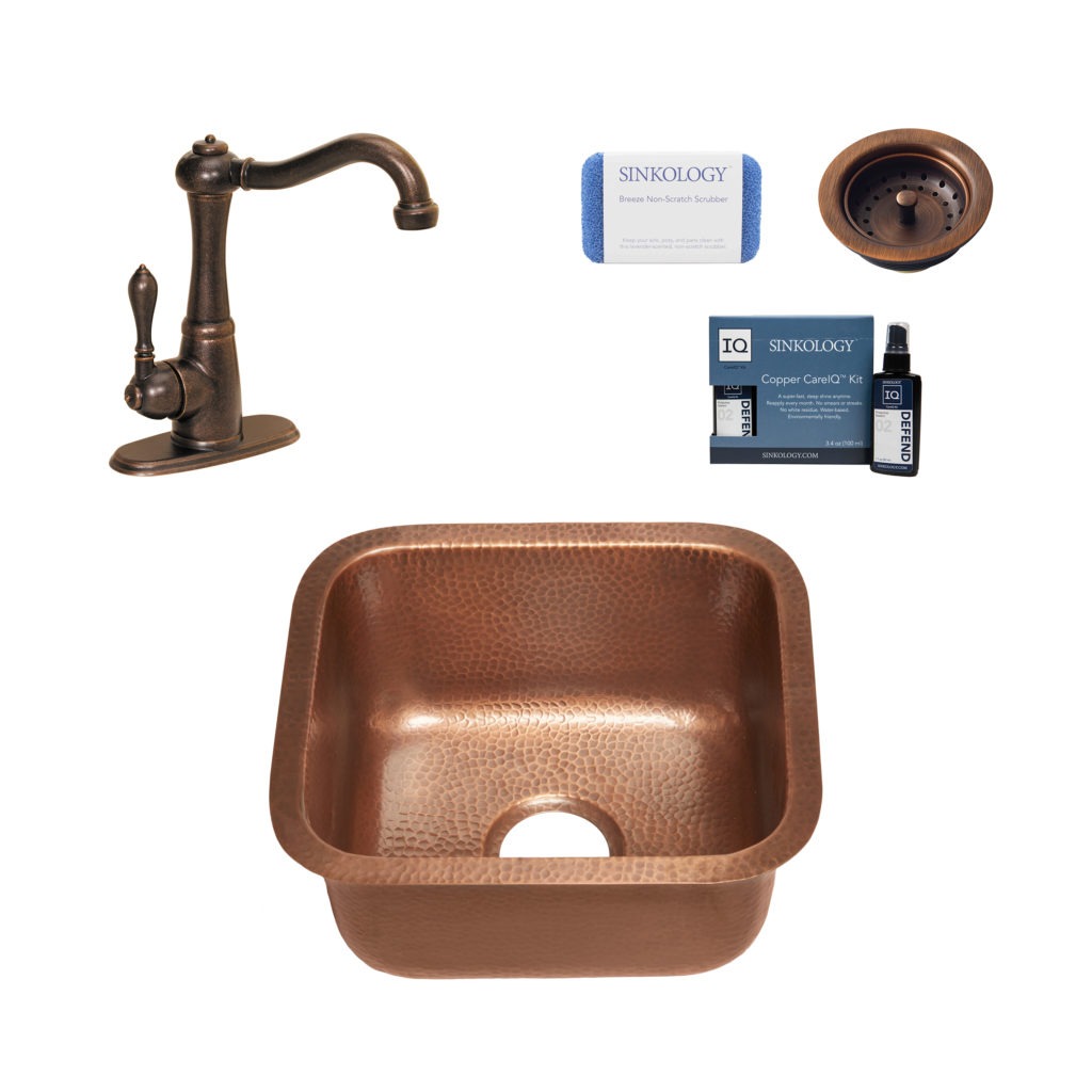 sisley copper bar and prep sink, marielle faucet, basket strainer drain, copper care IQ kit, scrubber
