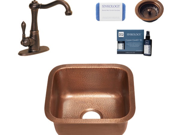 sisley copper bar and prep sink, marielle faucet, basket strainer drain, copper care IQ kit, scrubber