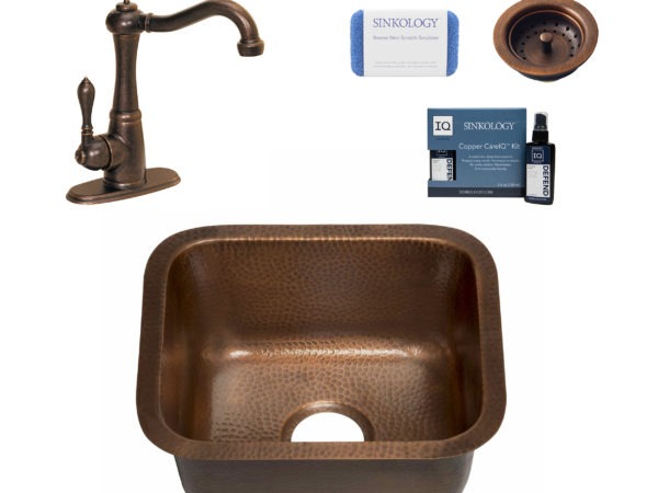 copper bar and prep sink, marielle faucet, basket strainer drain, copper care IQ kit, scrubber