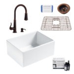 wilcox ii fireclay kitchen sink, ashfield faucet, basket strainer drain, fireclay care IQ kit, scrubber