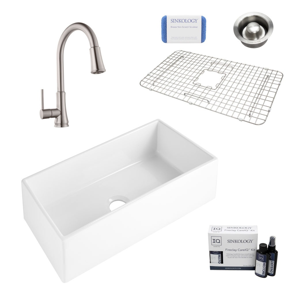 fireclay sink, faucet, bottom sink grid, drain, cleaning kit, and scrubber