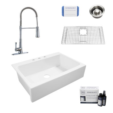 fireclay sink, faucet, bottom sink grid, drain, cleaning kit, and scrubber