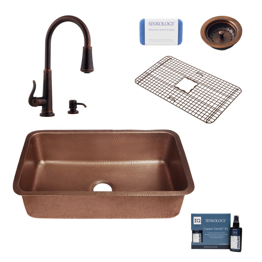 copper sink, faucet, bottom grid, drain, copper careIQ kit, scrubber