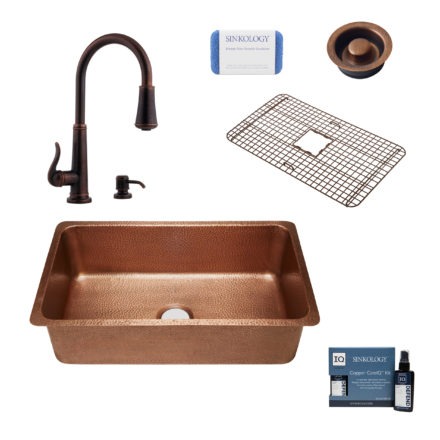 copper sink, faucet, bottom grid, drain, copper careIQ kit, scrubber
