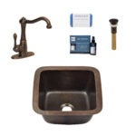 aged copper drop-in or undermount copper bar sink kit with faucet, care kit, pop-up drain, and scrubber