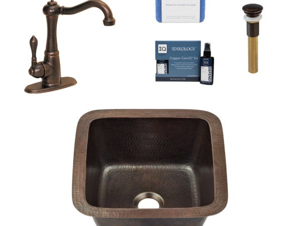 aged copper drop-in or undermount copper bar sink kit with faucet, care kit, pop-up drain, and scrubber