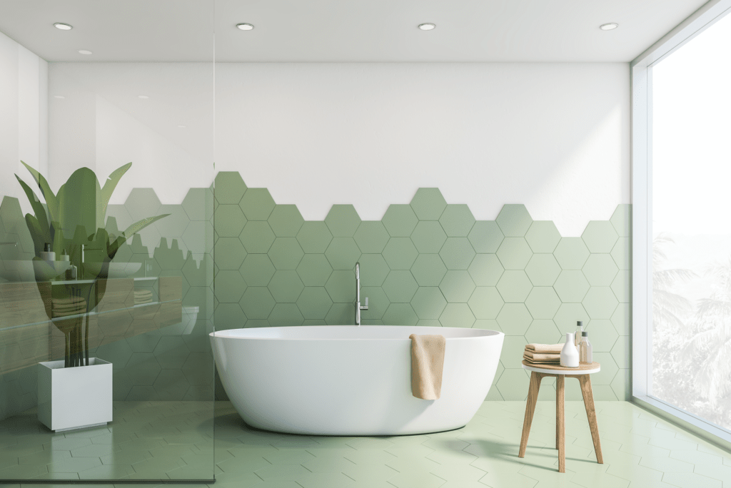 tiled bathroom in green and white