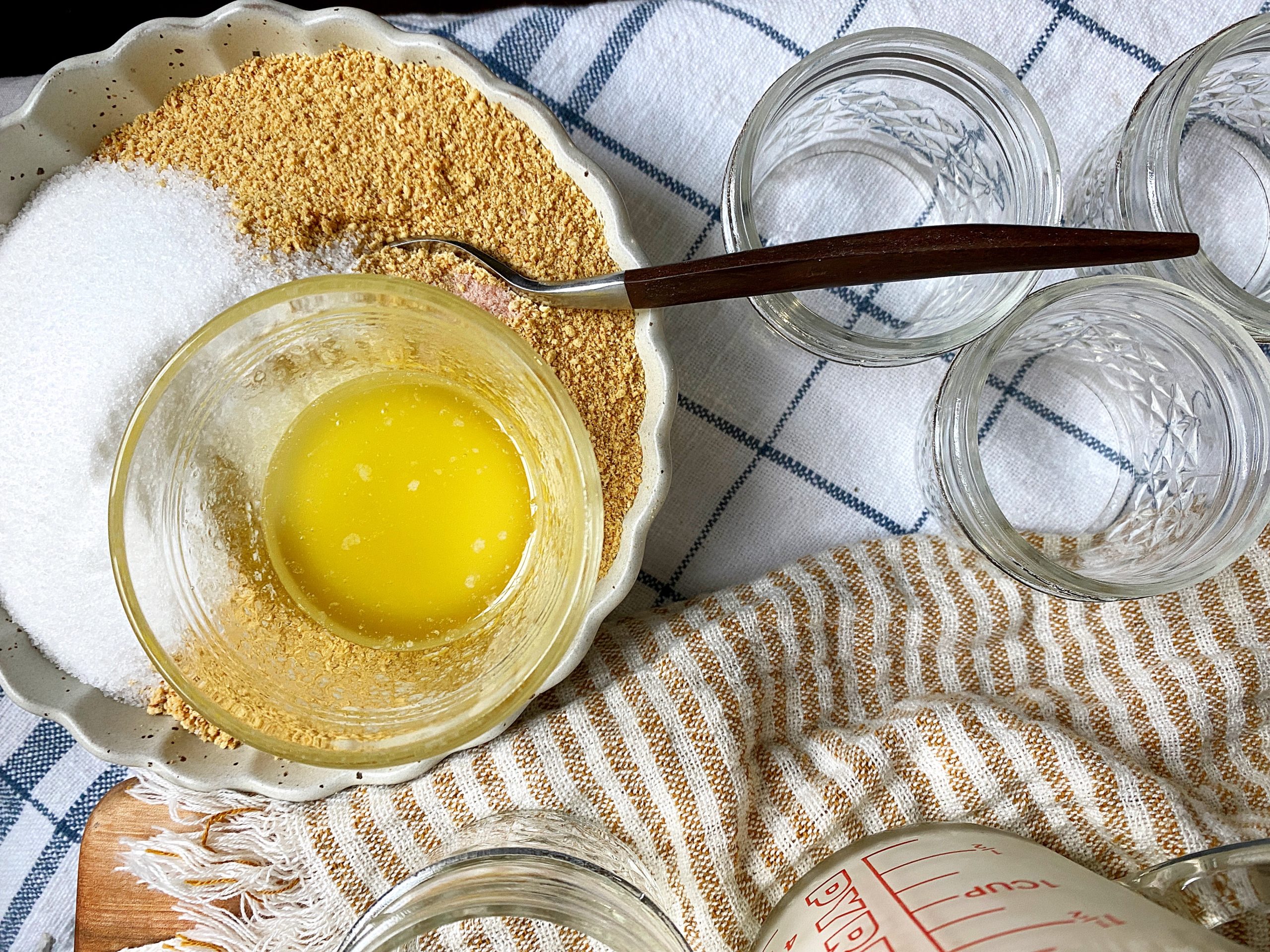 melted butter + crust ingredients and jars