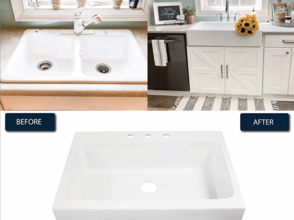 before and after of the Josephine Sink installed