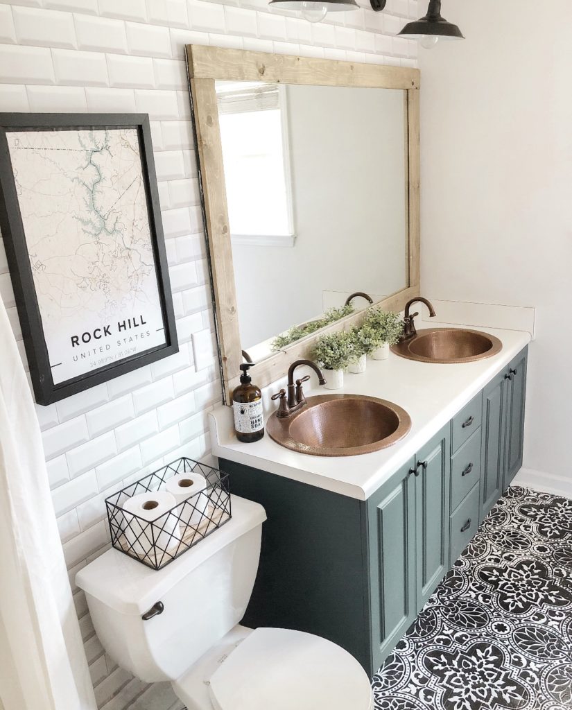 bathroom with two bell copper sinks