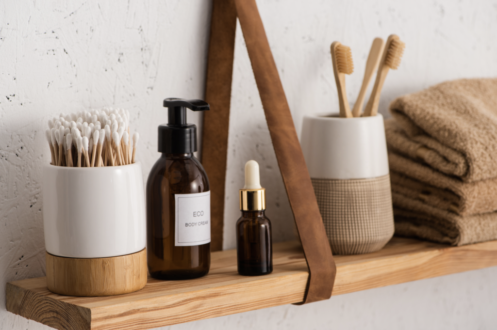 Wood shelf with bathroom accessories