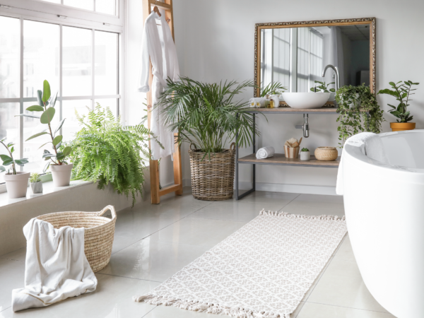 clean natural bathroom with plants, large white trim window next to a freestanding white bathtub