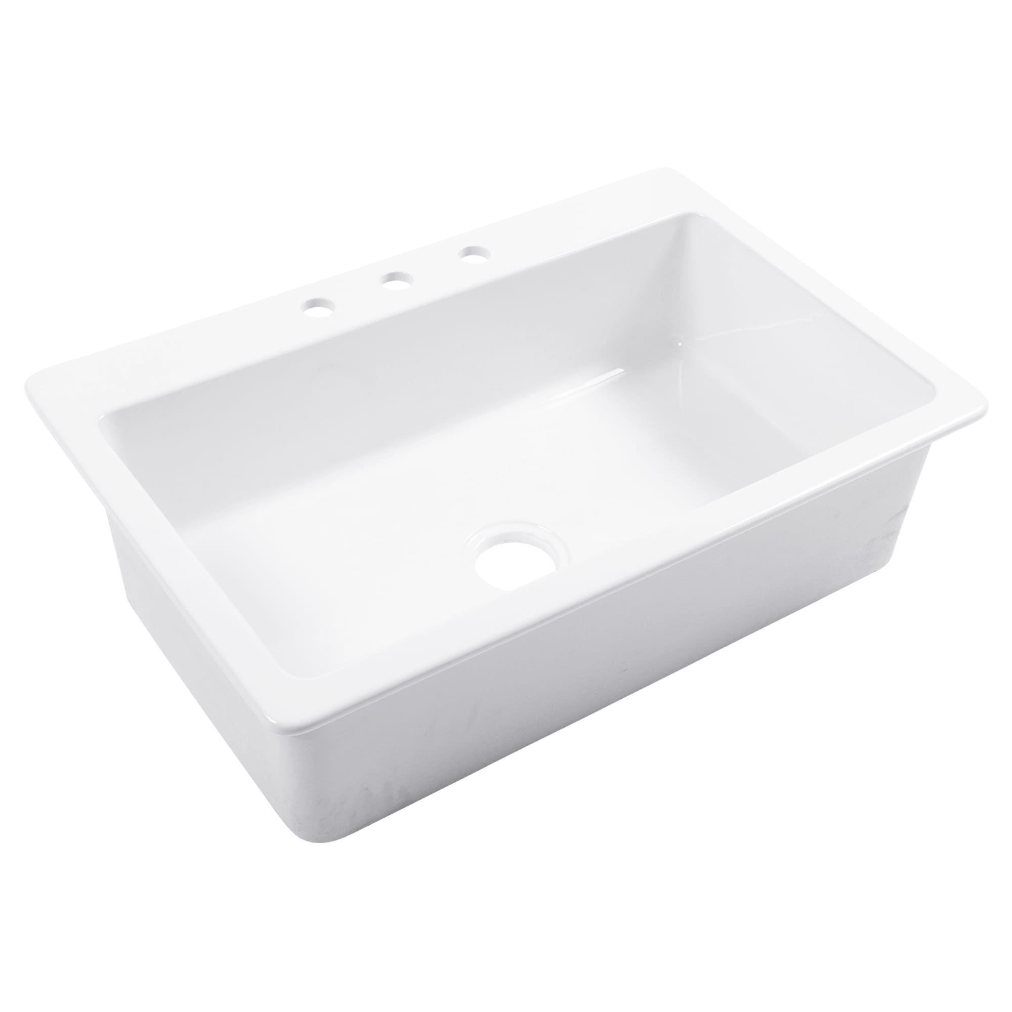 A white fireclay farmhouse drop-in kitchen sink.