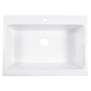 A glossy white rectangular Quick-Fit® drop-in farmhouse sink made in fireclay with 1 faucet hole and a 3.5" drain hole.