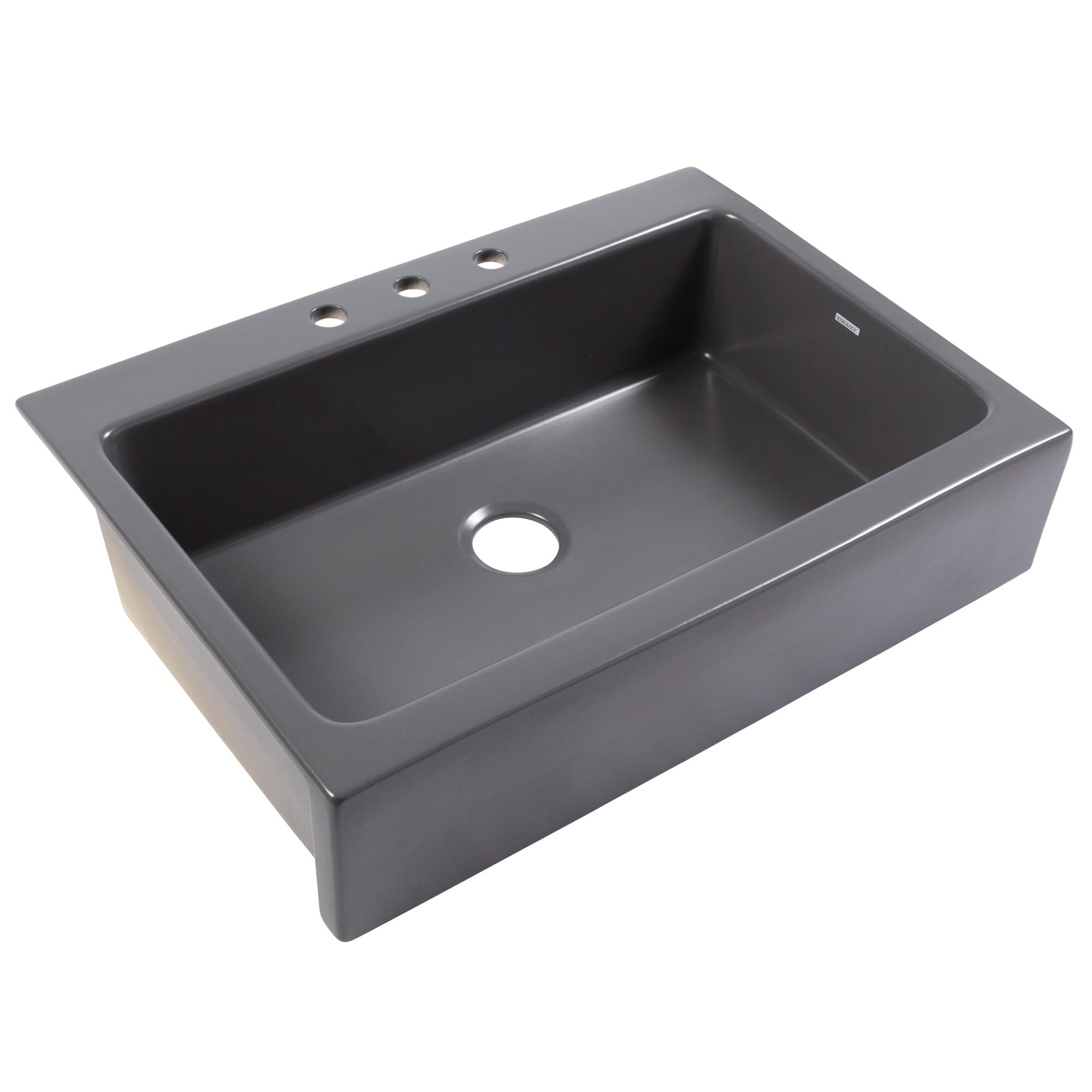 A matte gray rectangular Quick-Fit® drop-in farmhouse sink made in fireclay with 3 faucet holes and a 3.5" drain hole.