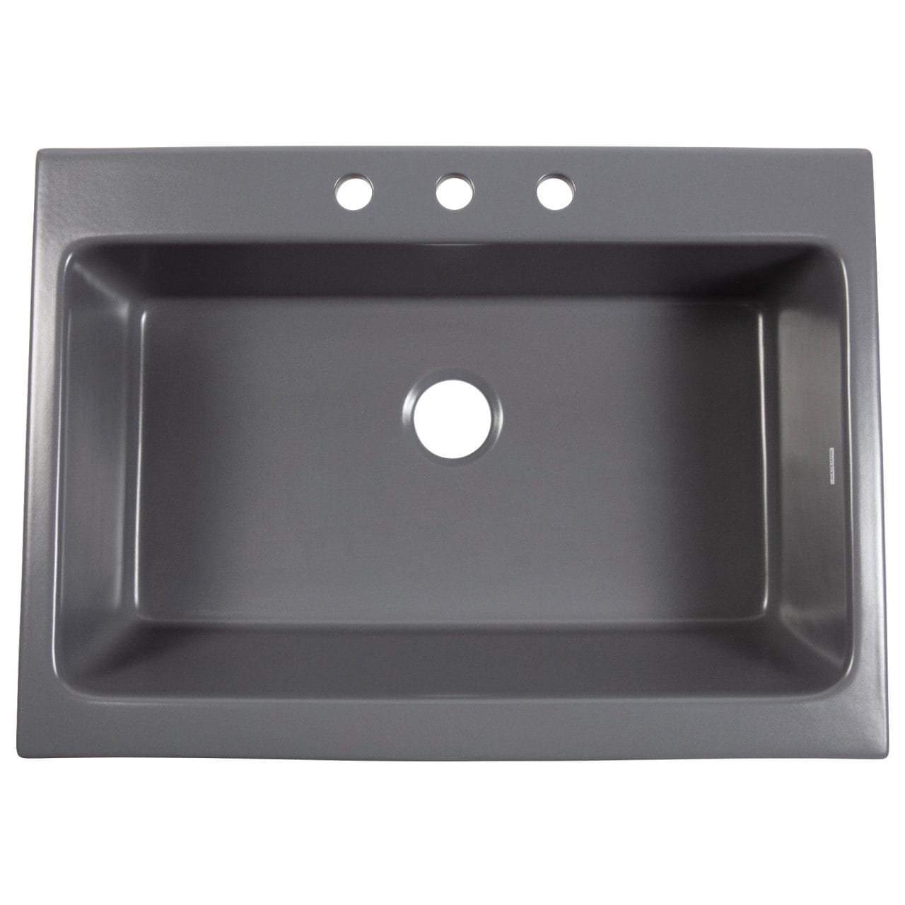 A matte gray rectangular Quick-Fit® drop-in farmhouse sink made in fireclay with 3 faucet holes and a 3.5" drain hole.