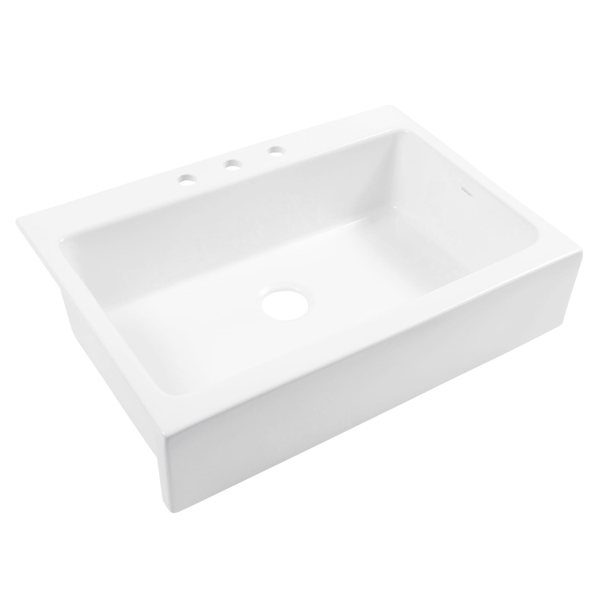 A matte white rectangular Quick-Fit® drop-in farmhouse sink made in fireclay with 3 faucet holes and a 3.5" drain hole.