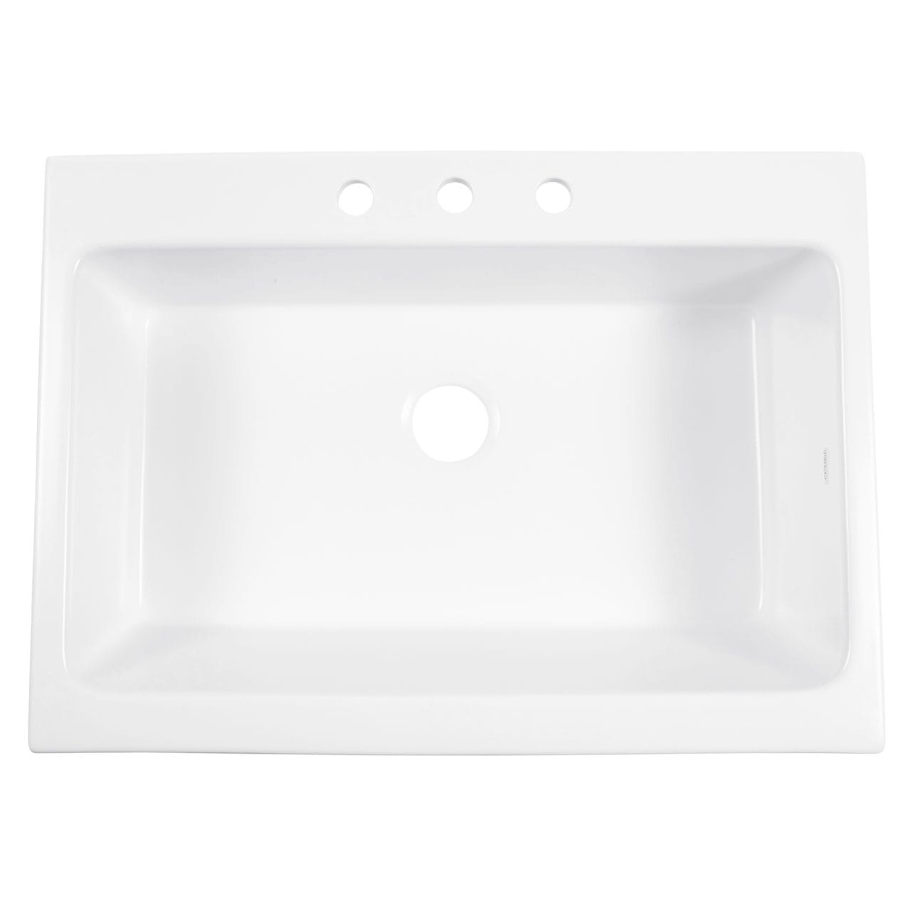 A matte white rectangular Quick-Fit® drop-in farmhouse sink made in fireclay with 3 faucet holes and a 3.5" drain hole.
